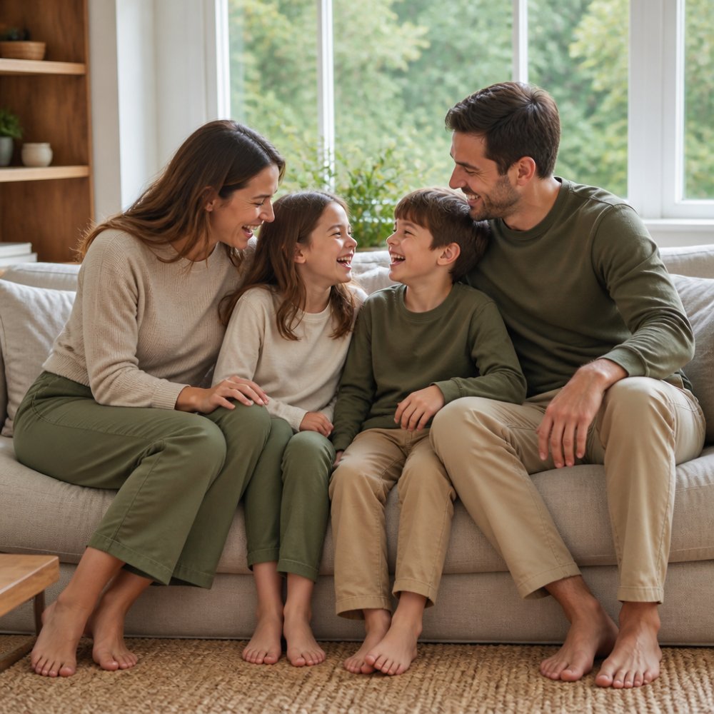 A family of four wearing coordinated casual outfits in complementary earth tones, laughing together in a bright living room with natural light through large windows