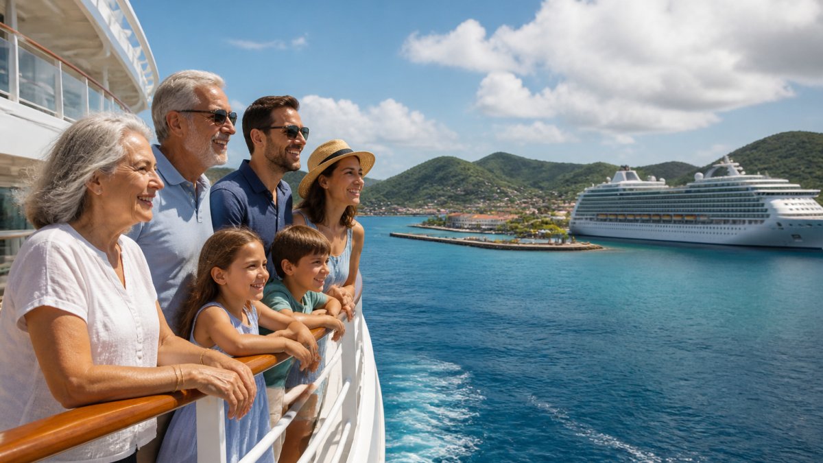 A multigenerational family standing at the deck railing of a large cruise ship, grandparents and young children smiling as the ship pulls away from a sunny Caribbean port