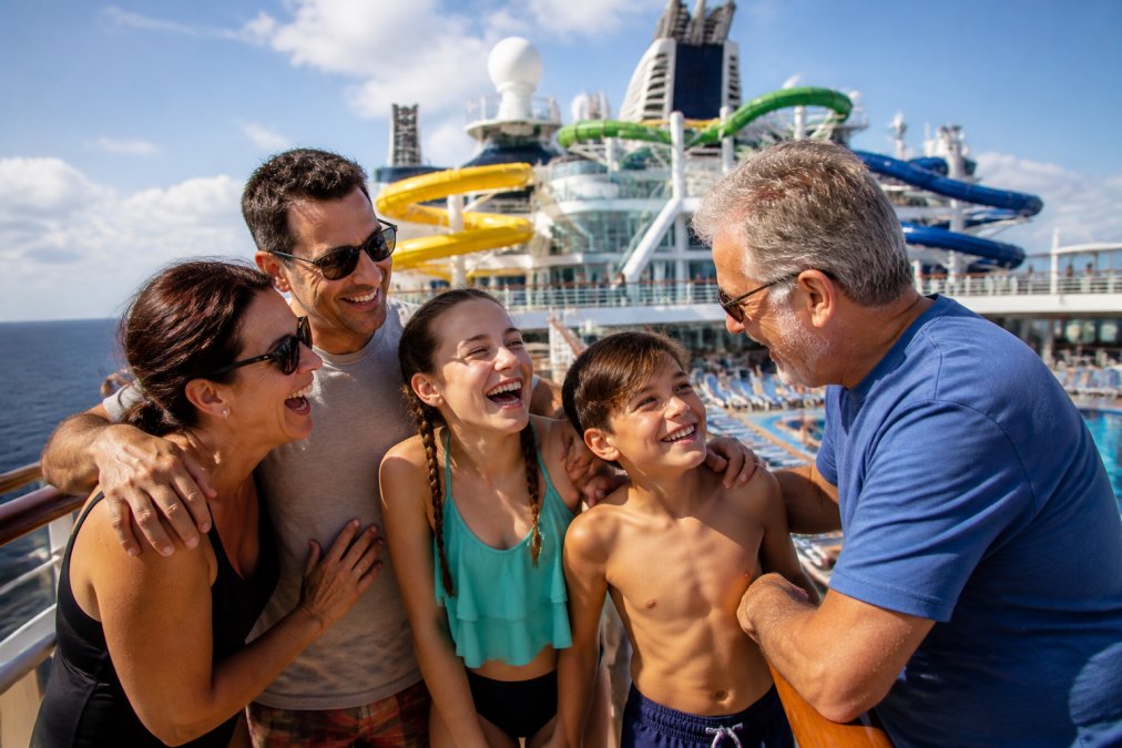 A multigenerational family laughing together on the deck of a large cruise ship, a water slide and pool visible in the background under bright sunshine