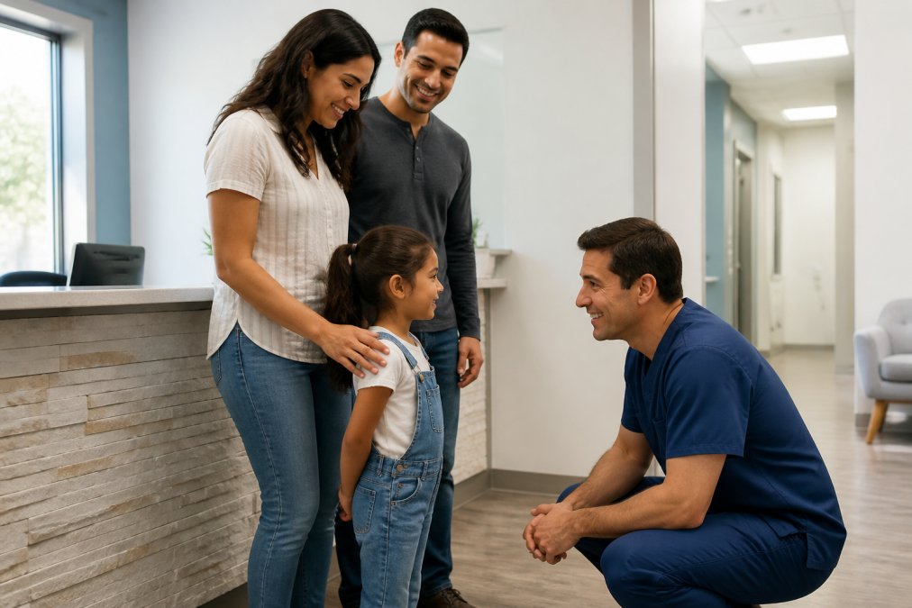 A friendly dentist in blue scrubs smiling and crouching to greet a young child while the child's parents stand nearby in a bright, modern dental office reception area with white walls and natural light