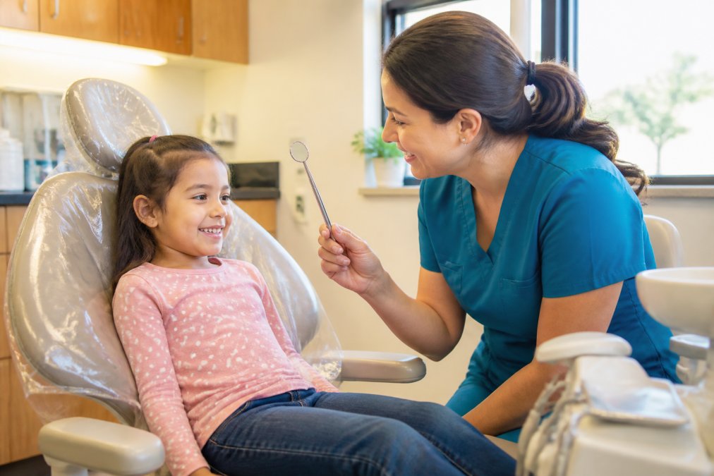 A young child around age five sitting in a dental chair, smiling and relaxed, while a gentle dental hygienist in teal scrubs holds up a small dental mirror and explains it to the child in a warmly lit, colorful dental office