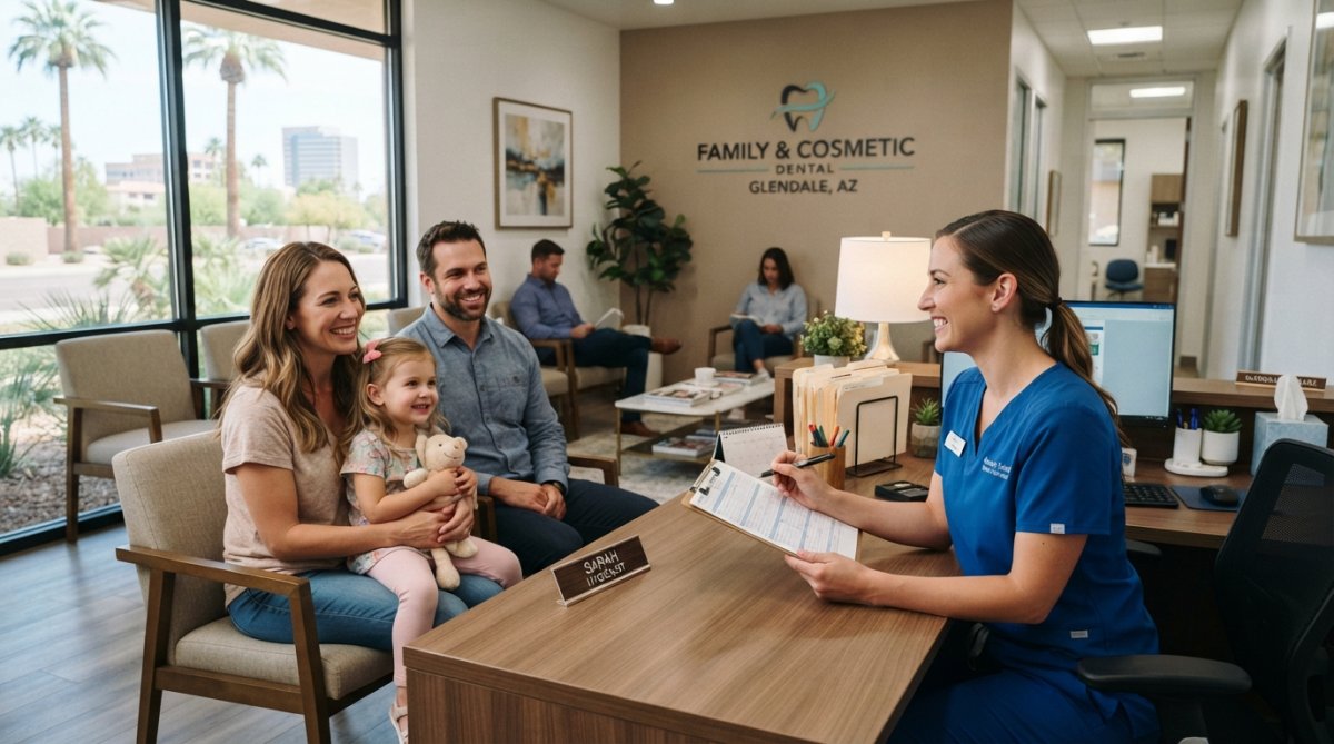 Friendly dental hygienist welcoming a family at the best family dentist in Glendale AZ office.
