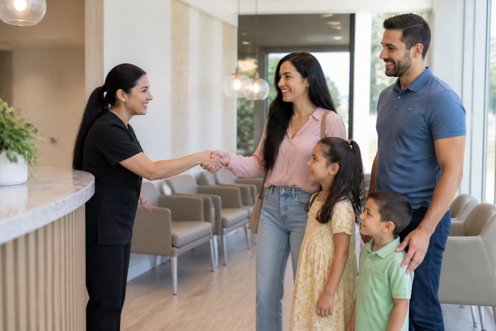 Warm, welcoming dental clinic reception area with a friendly staff member greeting a family with children, modern furnishings, and bright natural lighting