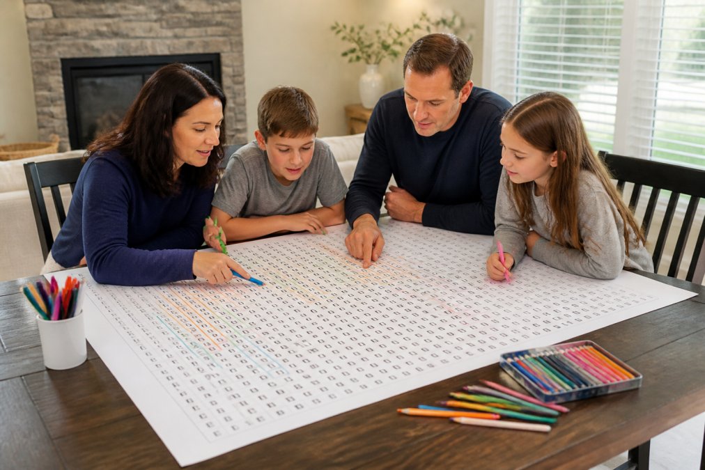 Family of four collaborating on a large word search puzzle at a dining table with markers and colored pencils
