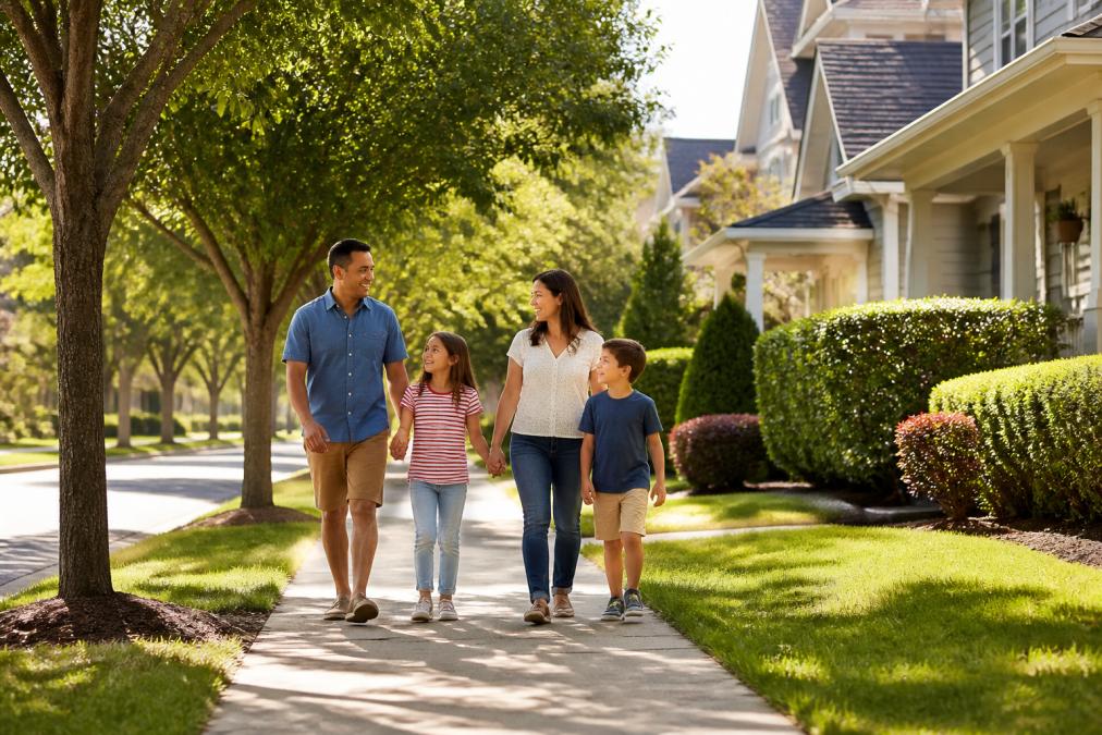 Family walking together through a tree-lined suburban street with new homes and well-maintained lawns, neighborhood park visible in the background