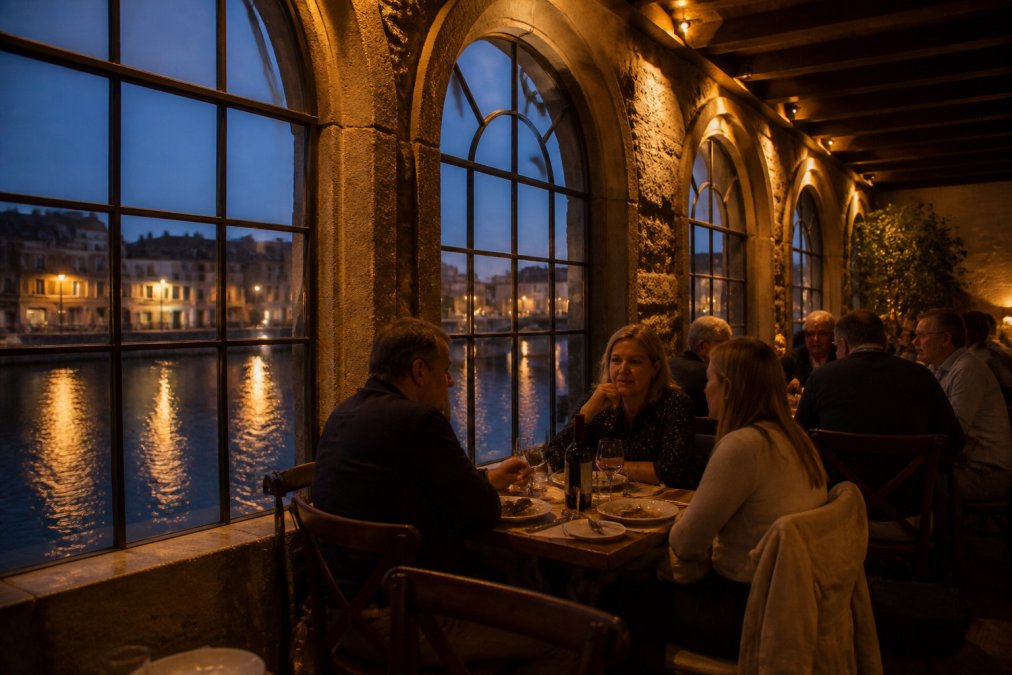 Intimate riverside bistro interior at dusk with warm amber lighting, diners at tables with water view, historic stone architecture framing windows, soft reflections of lights on the river visible beyond