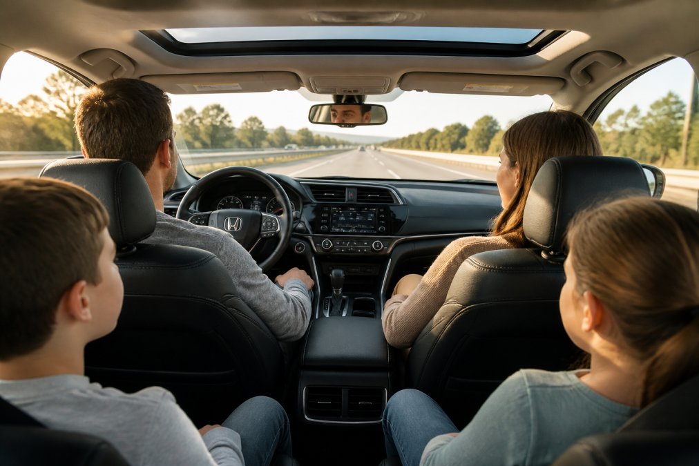 Family of four sitting relaxed inside a modern Honda Accord sedan during a sunny highway drive, with open road visible ahead and natural light streaming through windows