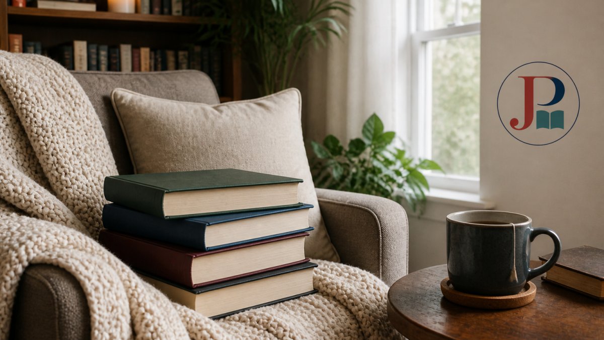 A cozy reading nook with a stack of fantasy hardcovers, a warm throw blanket, and a mug of tea on a side table, soft natural light from a window