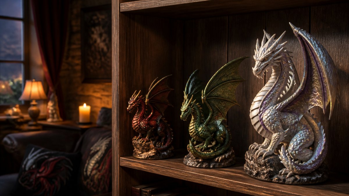A warmly lit timber shelf in a living room displaying three dragon figurines of varying heights, with soft evening light catching the painted scale detail and pearl finish on the tallest piece
