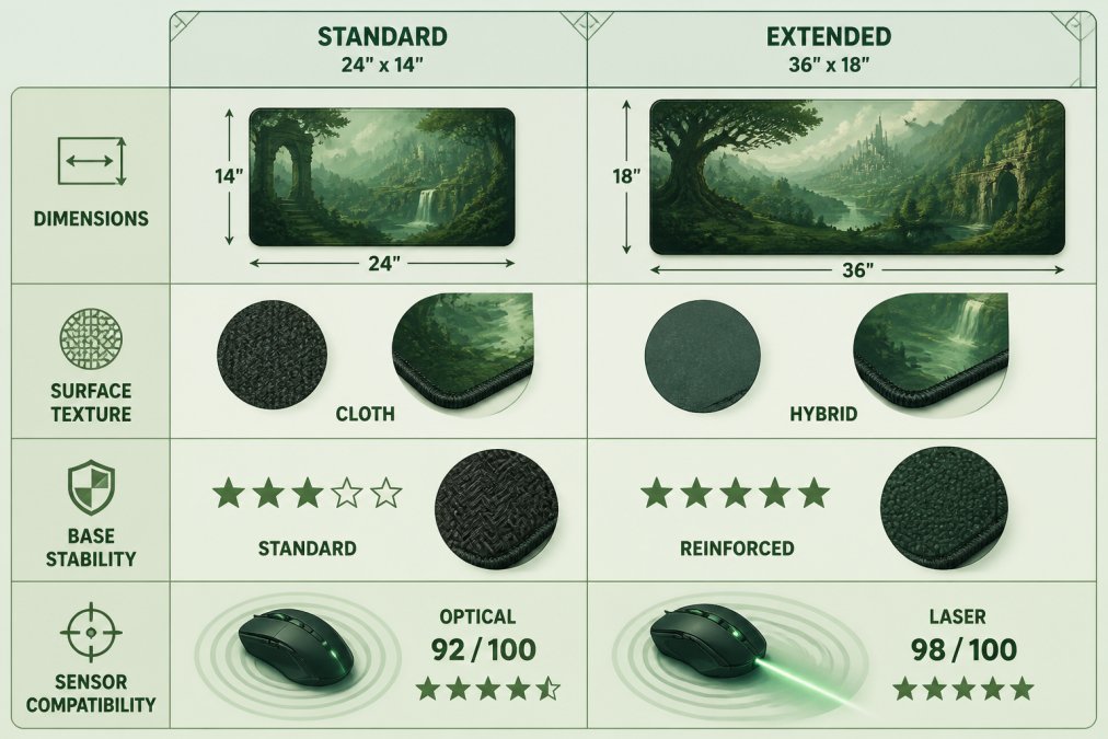 Comparison matrix showing desk mat dimensions (standard 24"x14" vs. extended 36"x18"), surface texture types (cloth vs. hybrid), base stability ratings (standard vs. reinforced), and sensor compatibility (optical vs. laser) with tracking precision scores