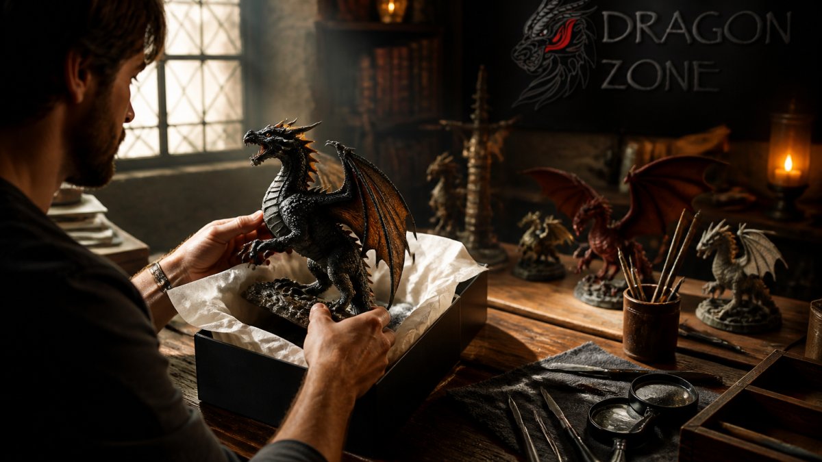 Collector hands lifting a detailed resin dragon figurine from packaging on a wooden desk with soft window lighting