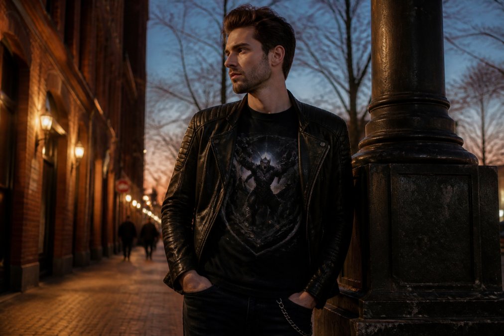 A young man wearing a dark fantasy graphic t-shirt styled with a leather jacket and dark jeans, standing in an urban setting at dusk