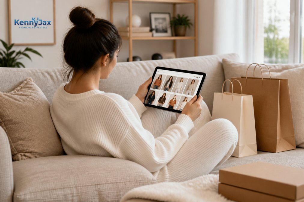 A woman in a cozy white loungewear set relaxing on a sofa, holding a tablet showing an online boutique, with shopping bags nearby in a bright living room