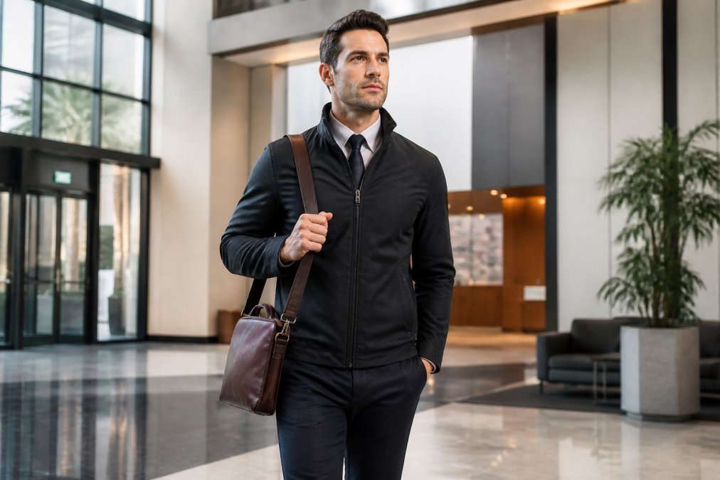 Professional man in a slim-fit jacket walking through an office lobby, showcasing stylish fashion brands.
