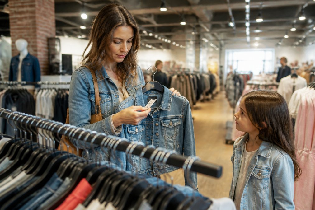 Parent checking a price tag on a denim jacket while shopping for fashion deals in a bright retail store.