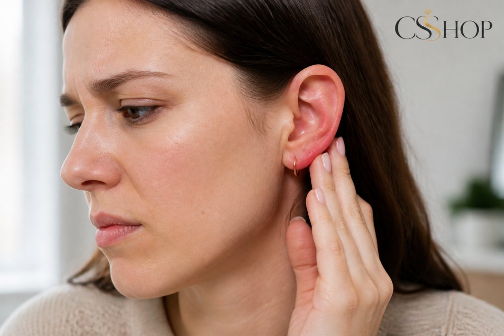 Close-up of a woman's earlobe showing mild redness and slight swelling from jewelry contact, with concerned expression, natural daylight lighting