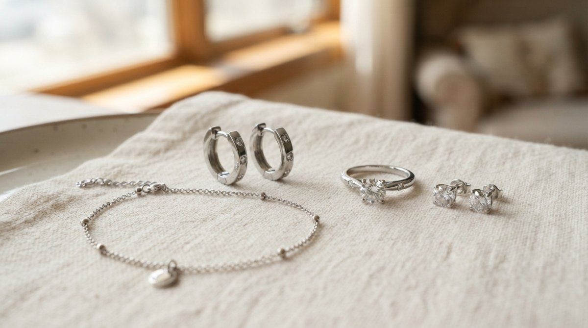 Flat lay of hypoallergenic jewelry pieces arranged on soft cream fabric: stainless steel huggie earrings with crystal accents, sterling silver dainty anklet, moissanite stud earrings, and cubic zirconia ring catching natural window light