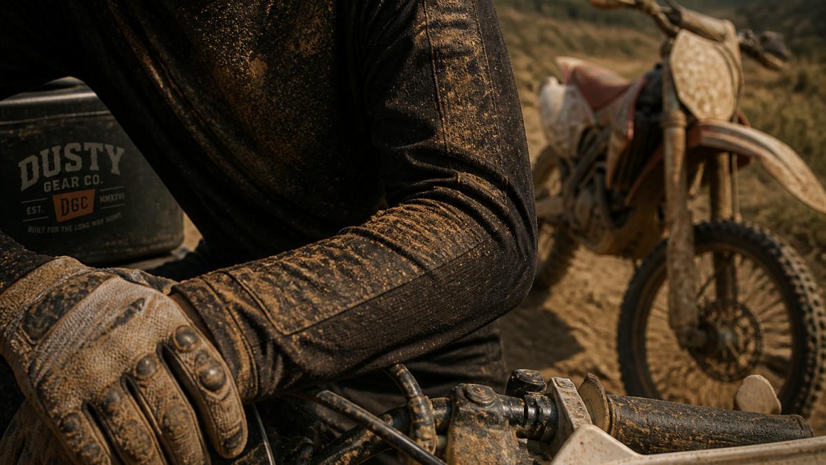 Infographic showing durability test results for off-road riding gear including reinforced stitching and mud resistance