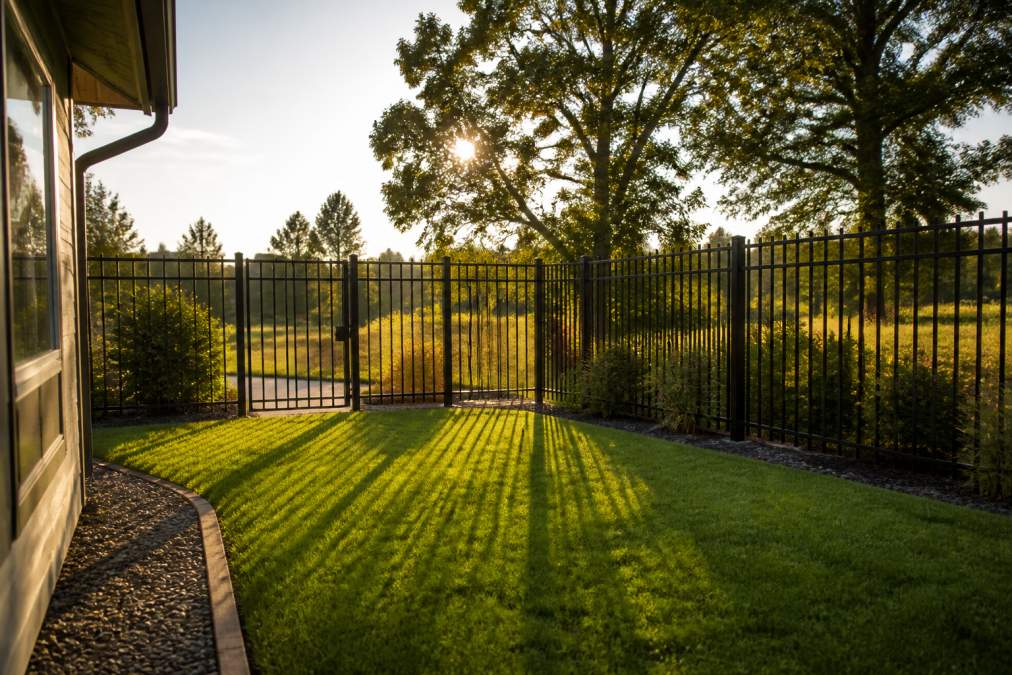 A well-maintained backyard with a tall, secure ornamental steel fence and a closed gate, viewed from the house, late afternoon sunlight casting long shadows across the lawn