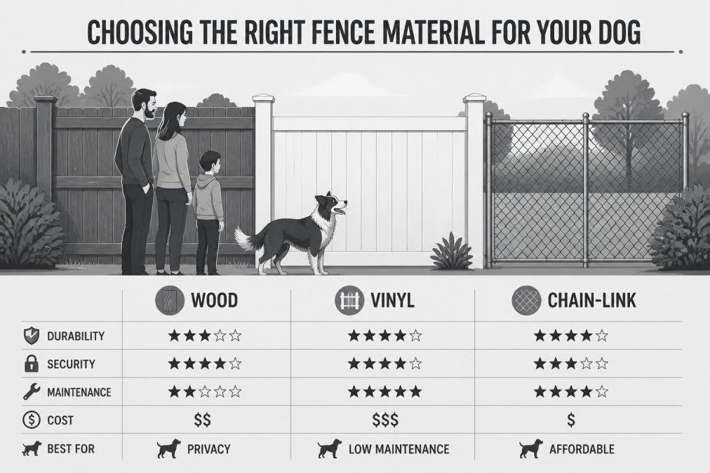 Family with active dog inspecting different fence sections installed side by side, wood, vinyl, and chain-link visible in bright daylight, showing visual contrast between materials and durability