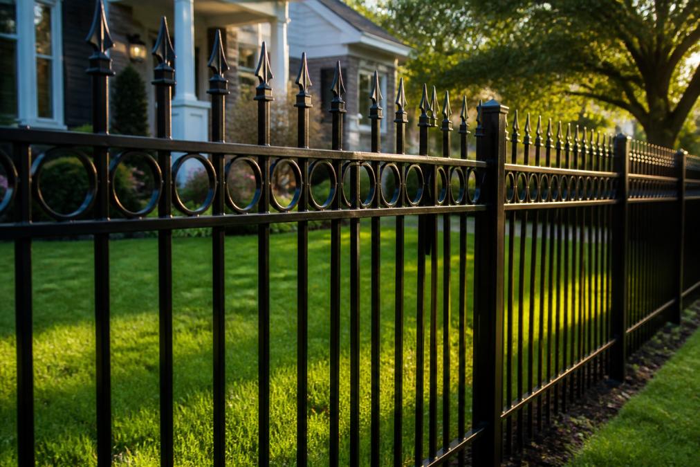 Close-up of a black ornamental steel fence with spear-top pickets installed on a residential lawn, late afternoon sunlight glinting off the powder-coated surface