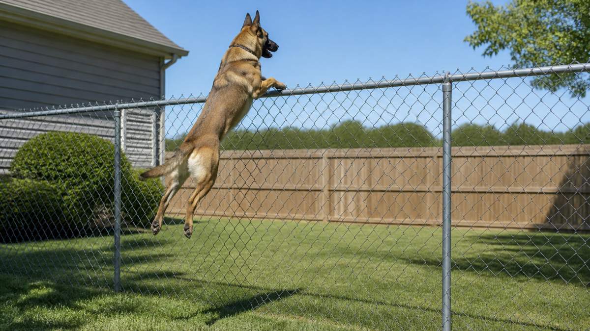 Active dog mid-leap at a chain-link fence in a backyard, showing the dog's height relative to the fence line, with clear daylight visible between the dog's paws and the top of the fence