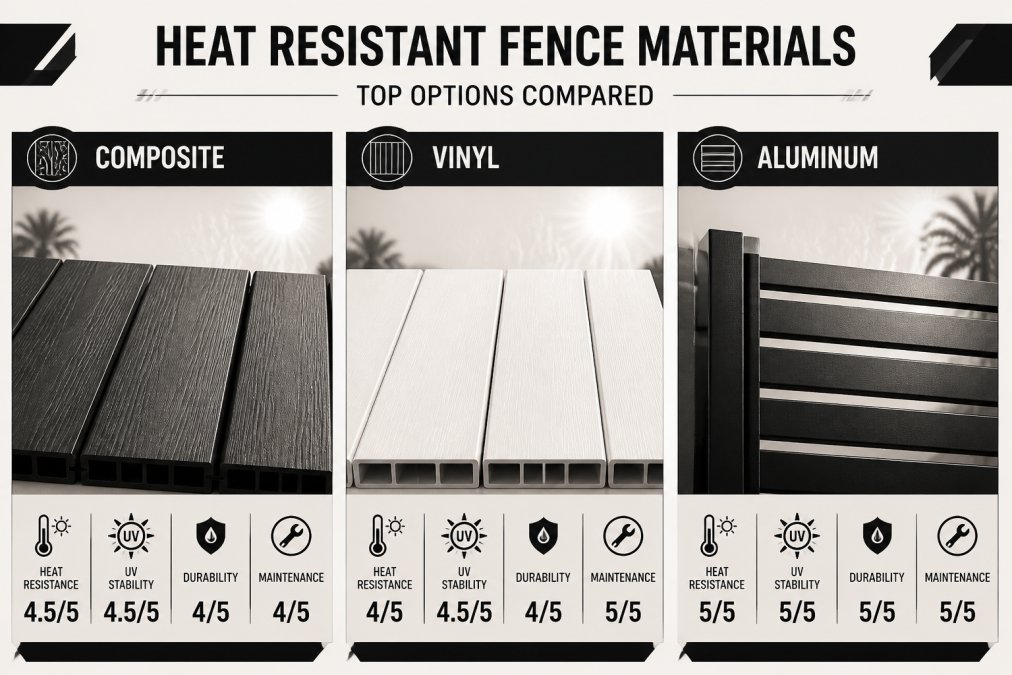 Close-up of different fence material samples including composite boards, vinyl panels, and aluminum slats arranged side-by-side in bright sunlight, showing distinct color and texture differences with heat shimmer visible in the background