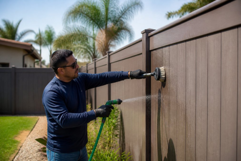 Homeowner cleaning a fence panel with a soft-bristled brush and water from a garden hose in a sunny backyard, demonstrating proper maintenance technique on a composite fence