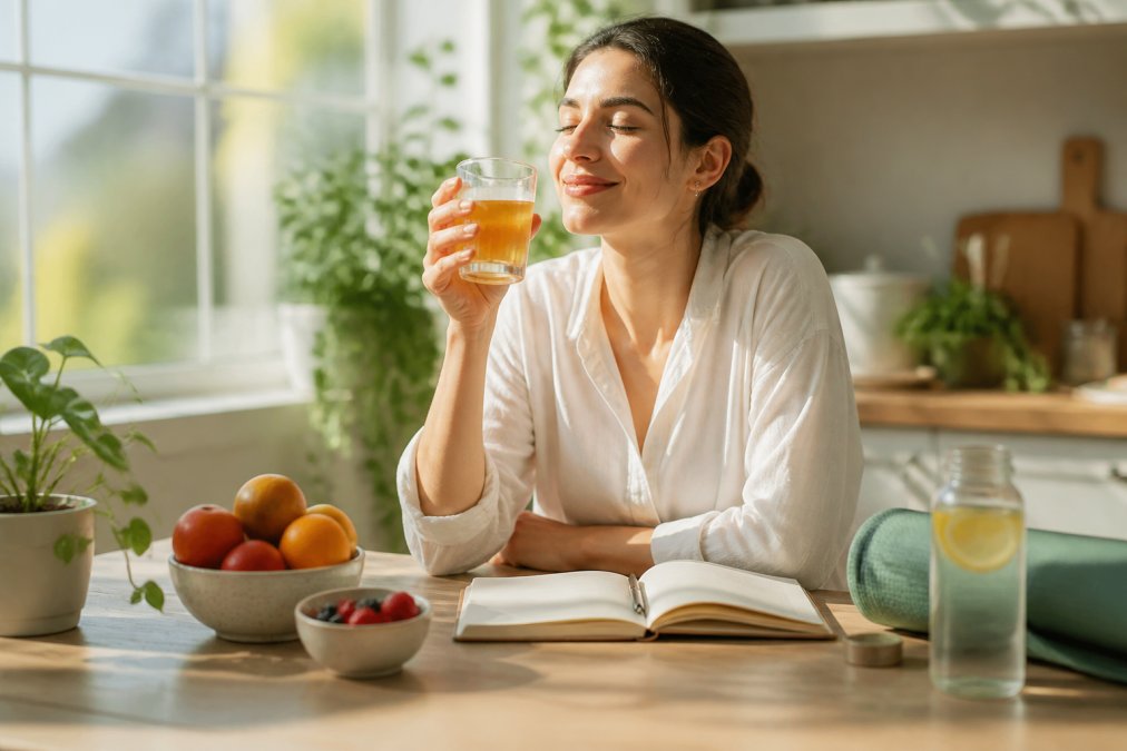 Person enjoying a glass of fermented kombucha at a bright morning table with fresh fruit, a notebook, and wellness items nearby, natural sunlight streaming in