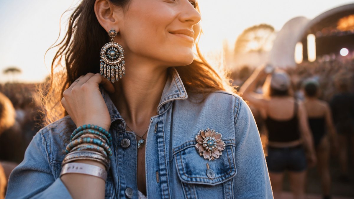 Close-up of a festival-goer wearing bold statement earrings, layered bracelets, and a floral brooch pinned to a denim jacket, warm golden-hour lighting, blurred outdoor concert crowd behind her