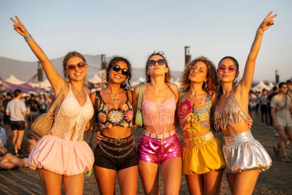A group of young festival-goers in bold, colorful 2026 festival outfits, crochet tops, micro shorts, balloon silhouettes, and statement accessories, posing together at an outdoor music festival on a sunny day, warm golden-hour lighting