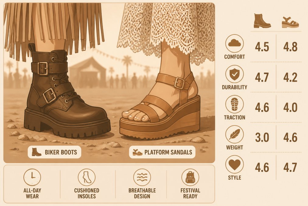 Close-up of a festival attendee's feet showing chunky biker boots and platform sandals on dusty festival ground, styled with fringe and lace-detail hemlines visible above, warm afternoon sunlight