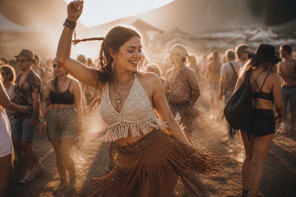 A woman in a fringed skirt and cropped top dancing at an outdoor summer festival, golden hour sunlight, dust in the air, crowd blurred in the background