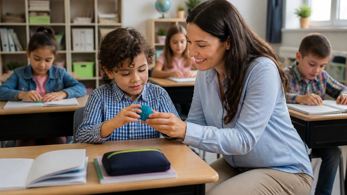 Teacher helping a student use a textured fidget toy at a desk in a quiet classroom setting