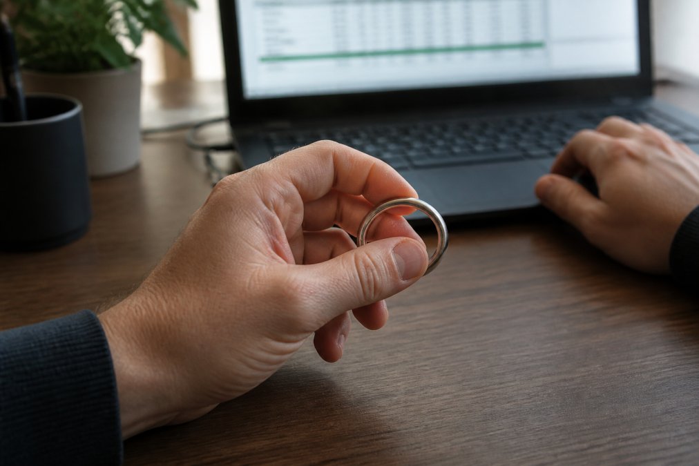 Close-up of a professional's hands on a desk, one hand manipulating a small smooth metal fidget ring while the other rests near a keyboard, laptop screen showing a spreadsheet in the background, soft natural light, shallow depth of field