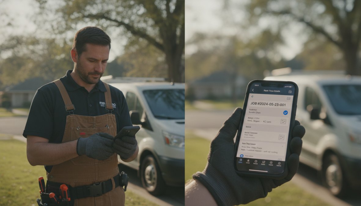 Service technician in the field checking work orders and job details on a mobile smartphone while standing next to a service vehicle