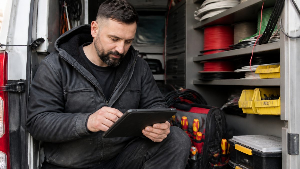 An electrician in a work van reviewing a job schedule on a tablet, with tools and wire spools visible in the background