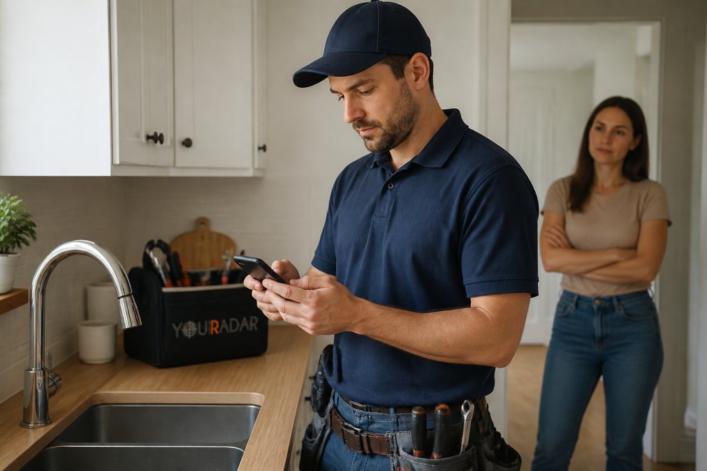 Professional illustration showing plumber and checking and job concepts for field service software non-tech