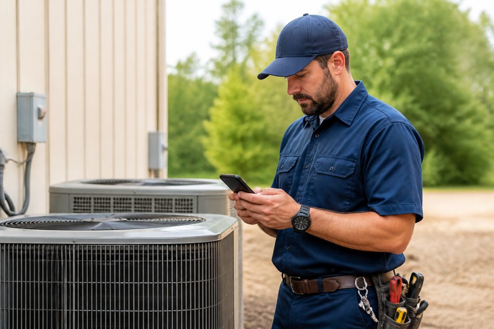 Field technician in work uniform using a smartphone on a residential job site, viewing work order details and entering job completion information on the mobile app
