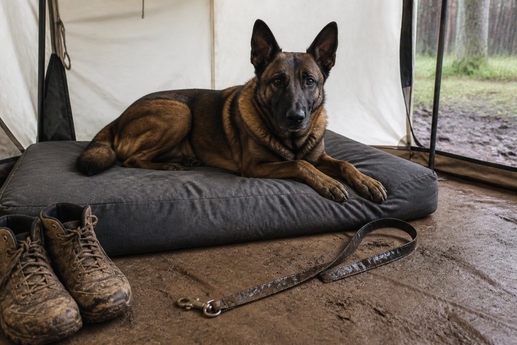 Working dog resting on a thick orthopedic mat among the best field tested dog beds inside a canvas wall tent.