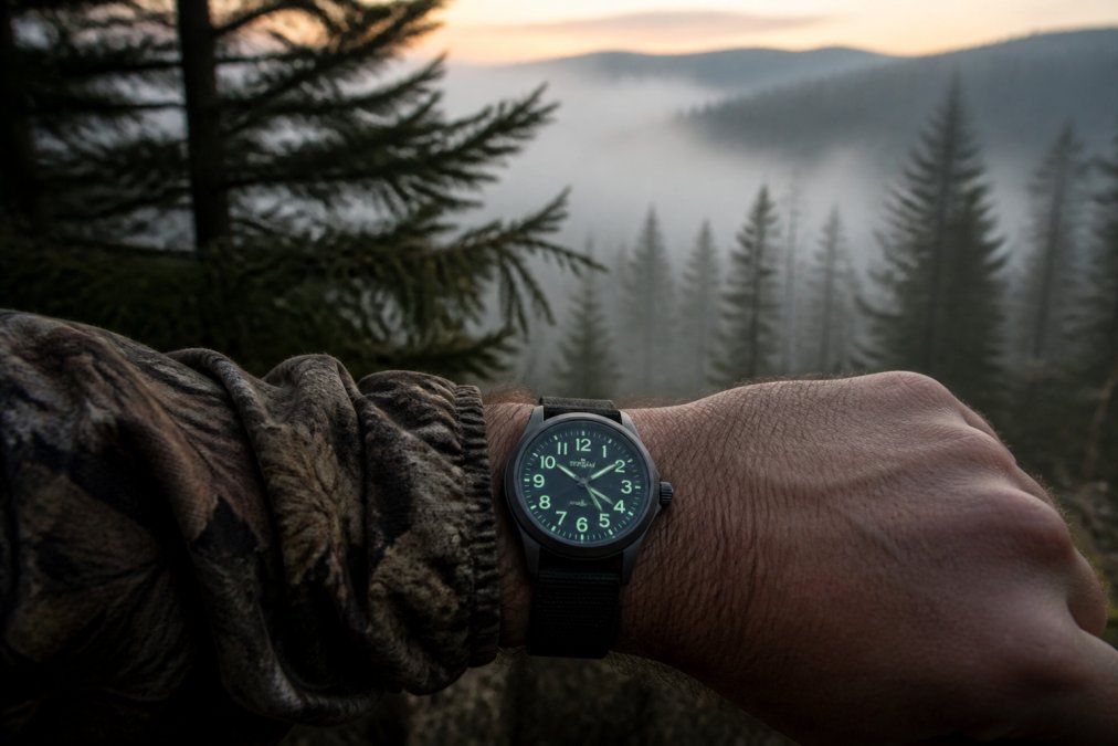 Field watch on hunter's wrist in early morning woods with fog and evergreen trees in background, showing watch face clearly with visible lume