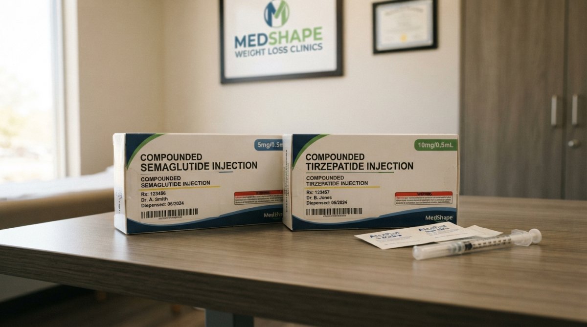 Board-certified physician consulting with a patient about weight loss medication options in a modern medical office setting, reviewing prescription options on a tablet