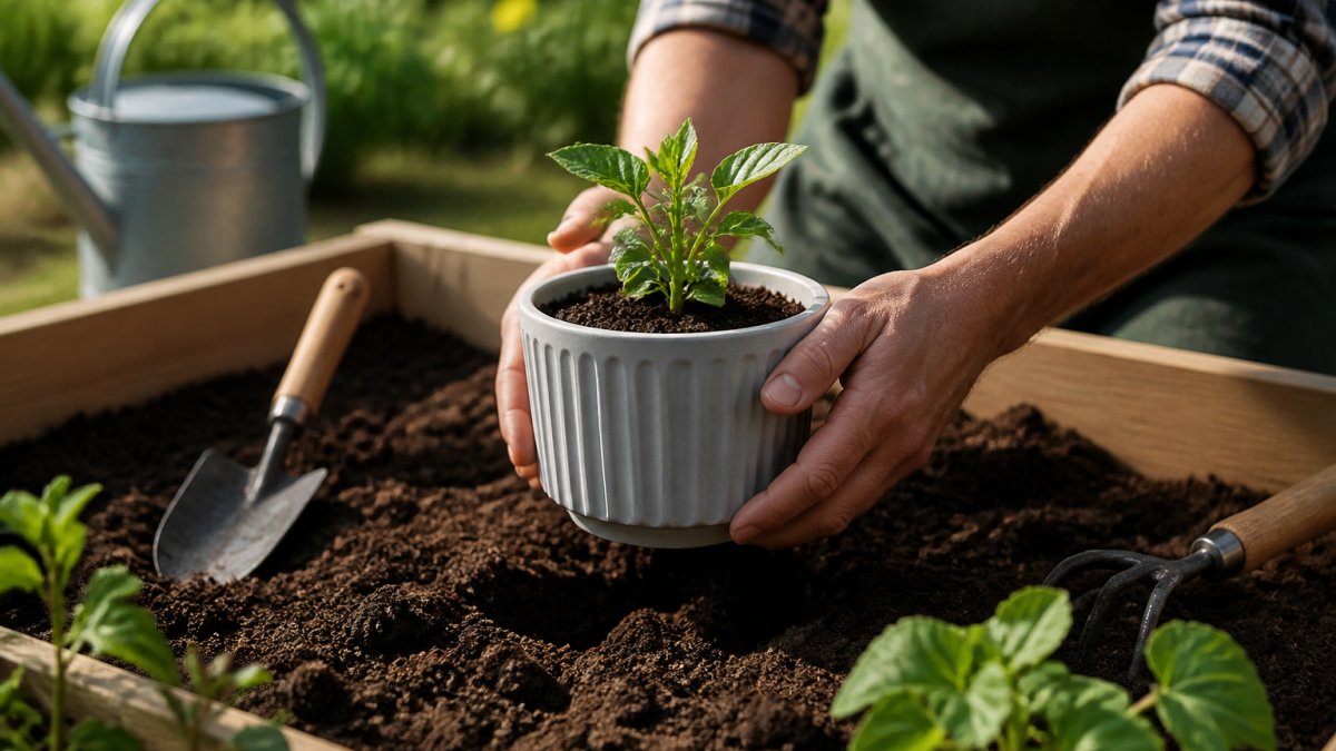 A gardener's hands placing a 3D printed planter with a young seedling into a sunlit raised garden bed, with soil and hand tools nearby