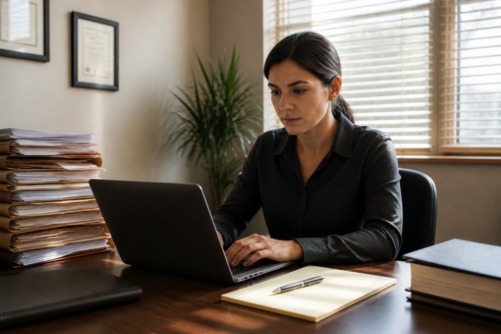 A paralegal in a modern law office reviewing legal software options on a laptop, case files stacked beside a notepad and pen, soft afternoon light through window blinds