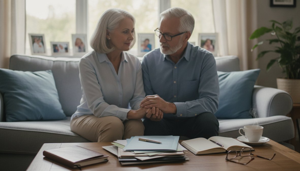Senior couple sitting across from a professional [insurance agent](/benefits-of-using-an-independent-insurance-agent/) in a well-lit office, reviewing printed insurance policy documents together on a wooden desk
