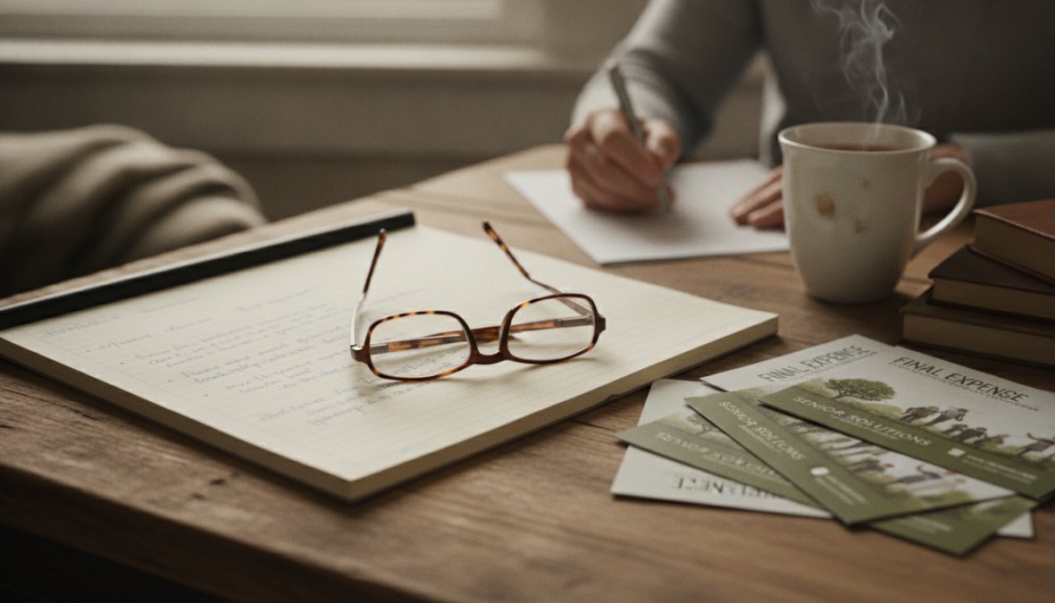 Mature woman in her late 60s sitting at a home desk with reading glasses on, reviewing insurance policy papers alongside a calculator and handwritten notepad in warm afternoon light