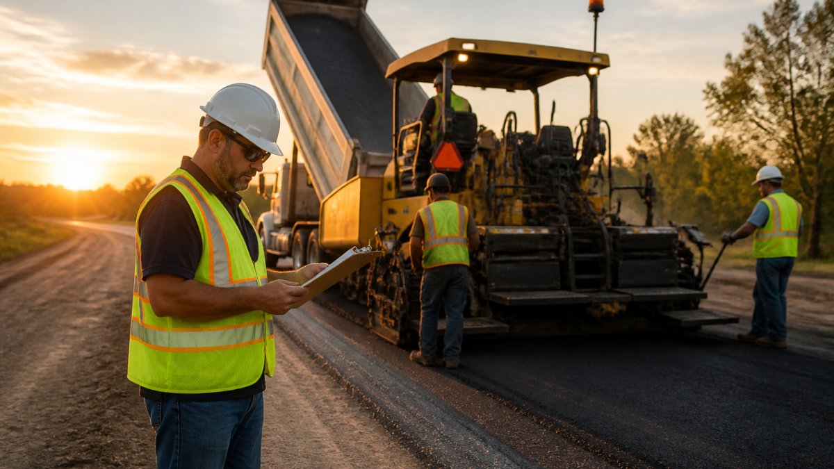 A paving crew in high-visibility vests working beside a paver and dump truck on a rural road at golden hour, with a foreman reviewing a schedule on a clipboard