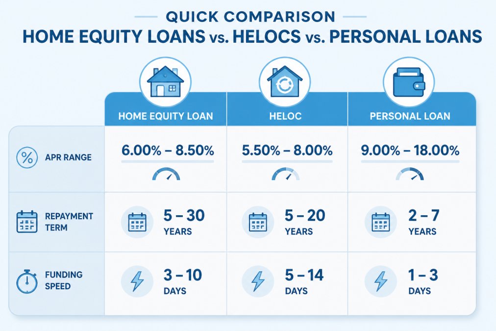 Comparison chart showing typical APR ranges, repayment terms, and funding speed for home equity loans, HELOCs, and personal loans