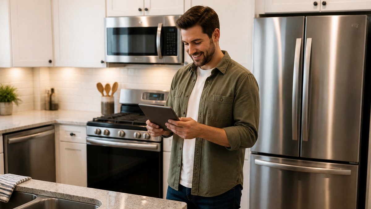 Homeowner standing in modern kitchen with newly installed stainless steel appliances (refrigerator, range, dishwasher, and microwave), reviewing financing paperwork on a tablet while smiling