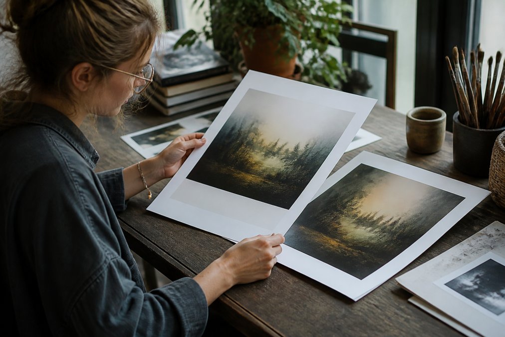 Artist reviewing print samples and color proofs on a desk with natural lighting, examining satin and matte finish options side by side